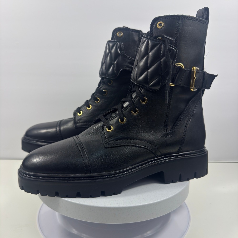 MNG Women Boots‎ Leather Combat Pocket Buckle Chunky Black Platform US 9.5
